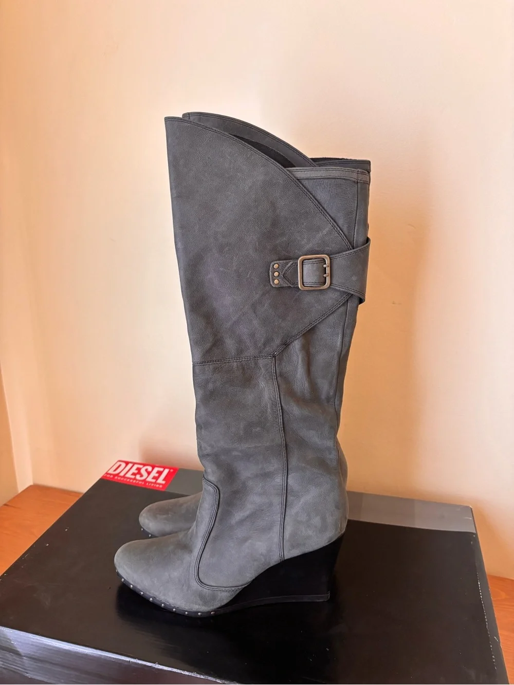 Diesel Gray Suede Wedge Over-the-Knee Boots 7.5 Leather Upper New with Tags
